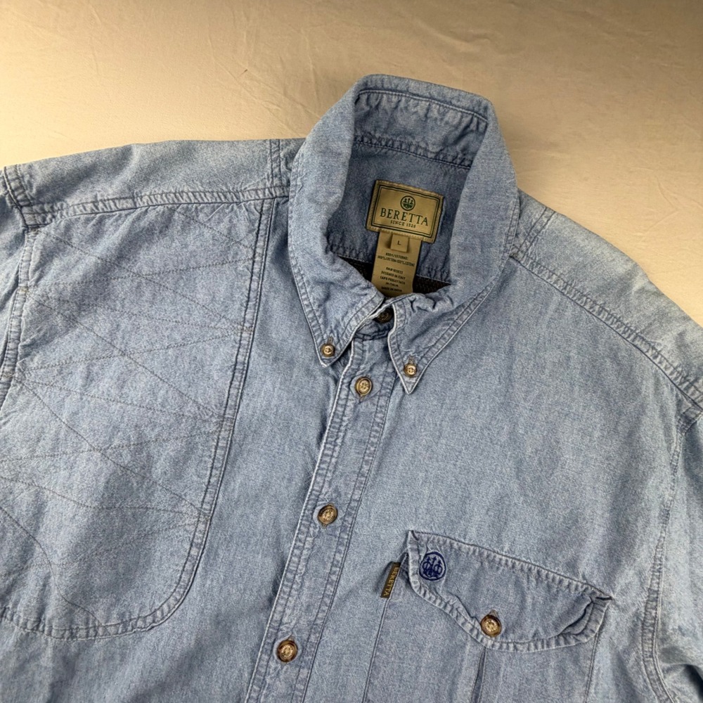 Beretta Shooting Shirt Denim Short Sleeve Men Large Blue Vented Quilted Pad 0143